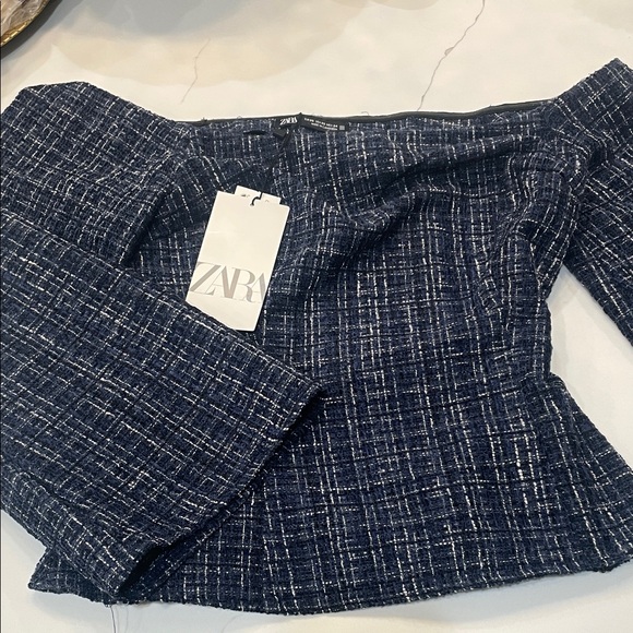 Zara Dresses & Skirts - Zara Dark Blue Tweed Off-Shoulder Blouse